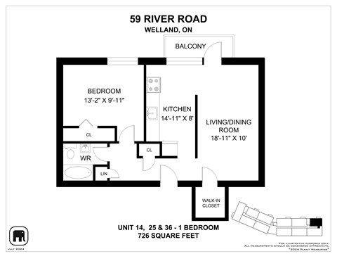 A floor plan for a 1 bedroom apartment at 59 River Road Welland, Ontario.